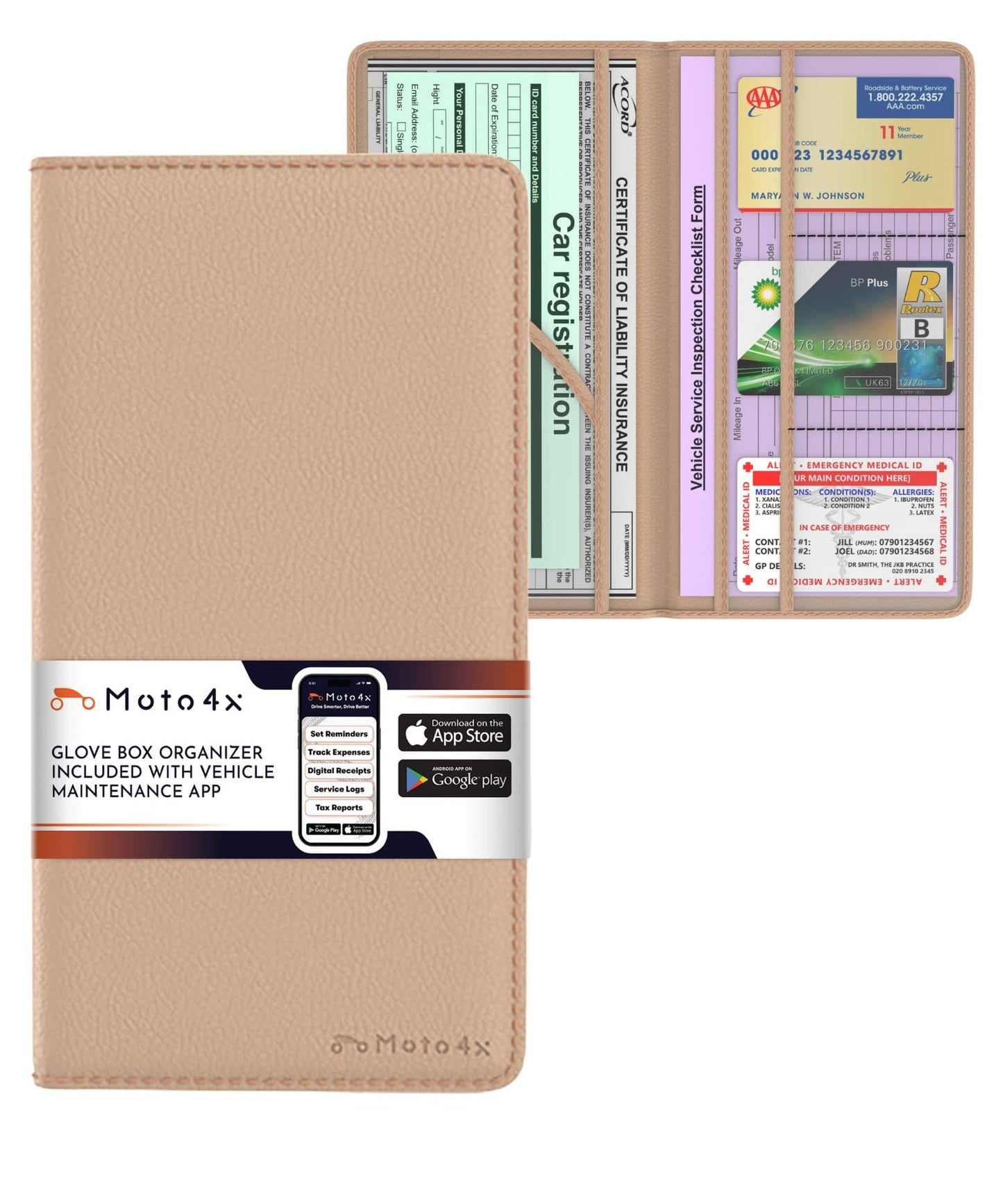 MOTO4X Premium Leather Magnetic Shut Car Registration & Insurance Card Holder, Glove Box Organizer for License, Cards & Documents: Beige