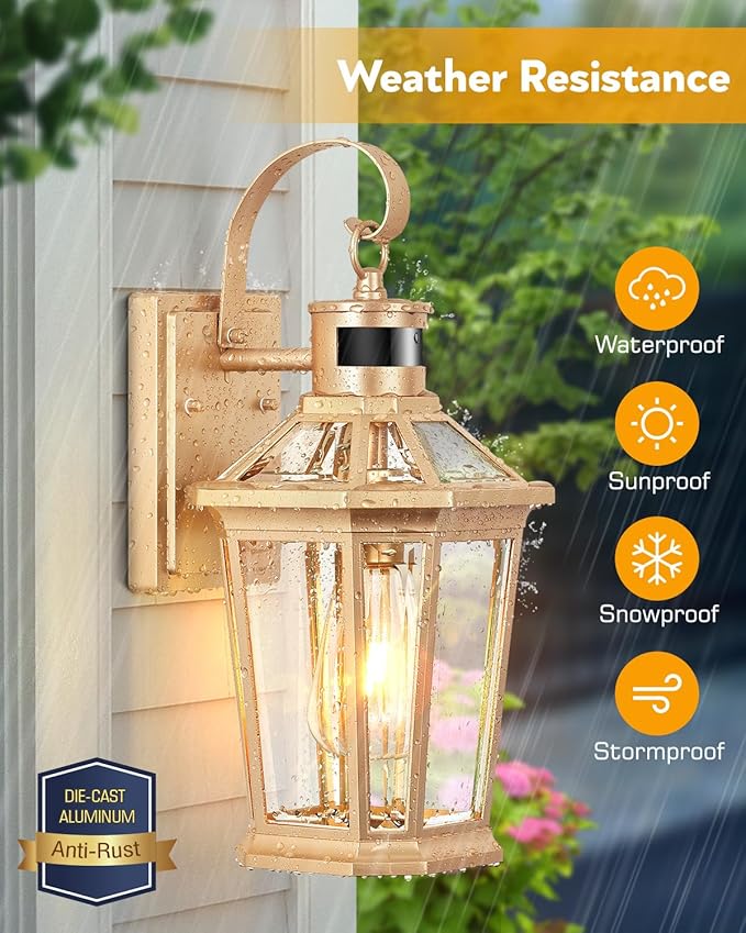 VIANIS Outdoor Wall Lights, Motion Sensor Exterior Light Fixtures Wall Mount, Waterproof Modern Gold Outside Front Porch Light, Anti-Rust Aluminum Outdoor Wall Sconce for House Garage