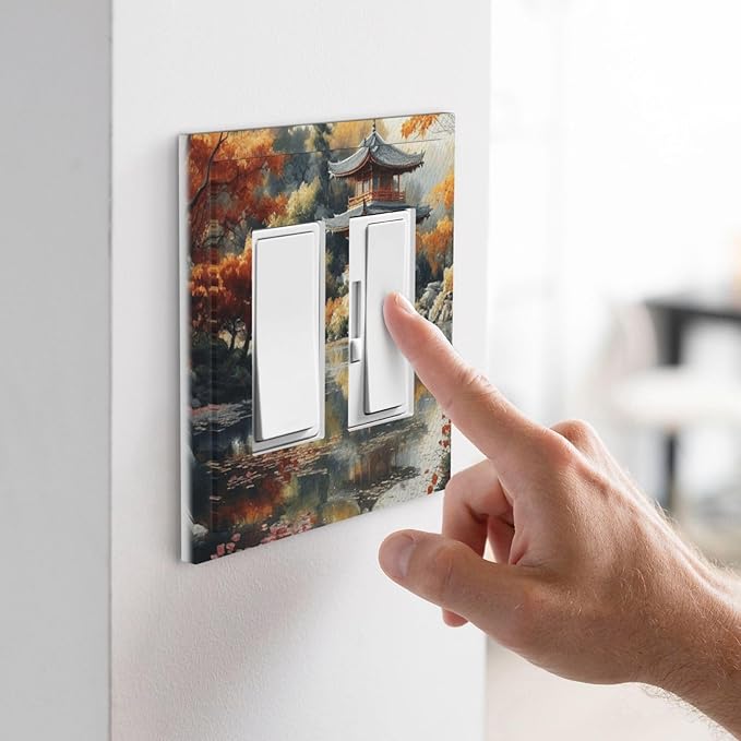 Decorative Art Light Switch Covers Lake & Pagoda in Fall 2 Gang Dual Rocker Outlet Switch plate Faceplate GFCI for Home Decor
