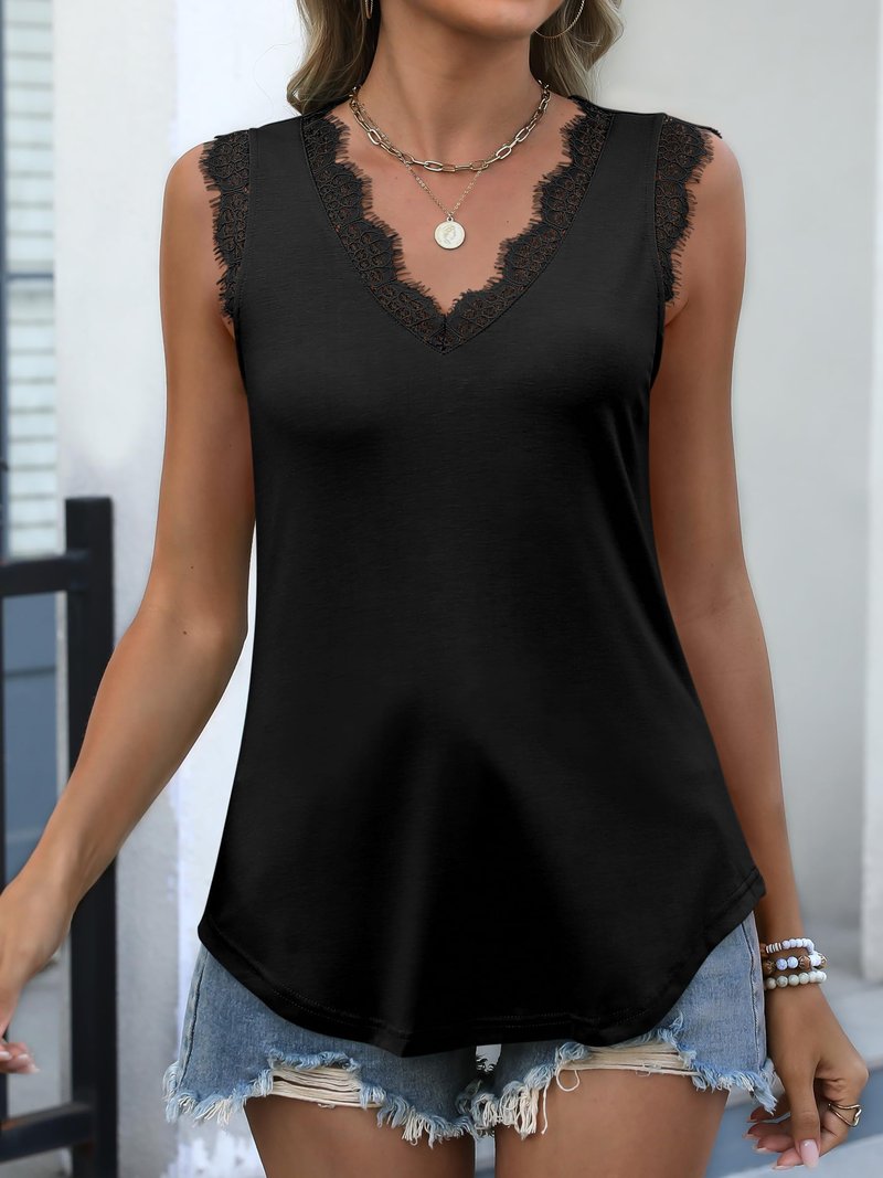ANRABESS Womens Lace Trim Tank Tops V Neck Sleeveless Shirts 2026 Summer Casual Trendy Dressy Cami Top Black Large