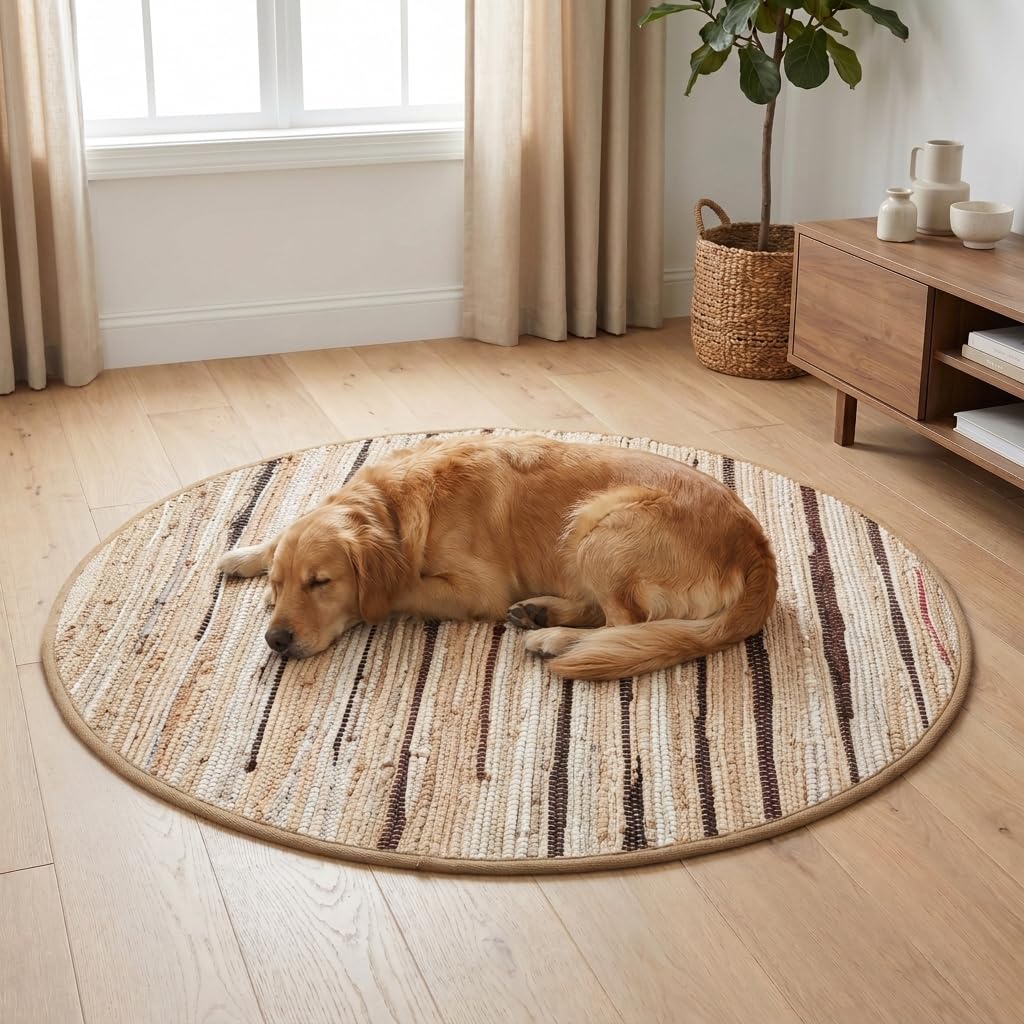 Cotton Hand Woven Chindi Area Rug 4 Feet Round - Beige, Reversible Circle Green Dinning Space Floor Rugs Ideal for Bedroom, Living Room, Kitchen | Linen Farmhouse Recycled Patio Mats for Balcony Décor