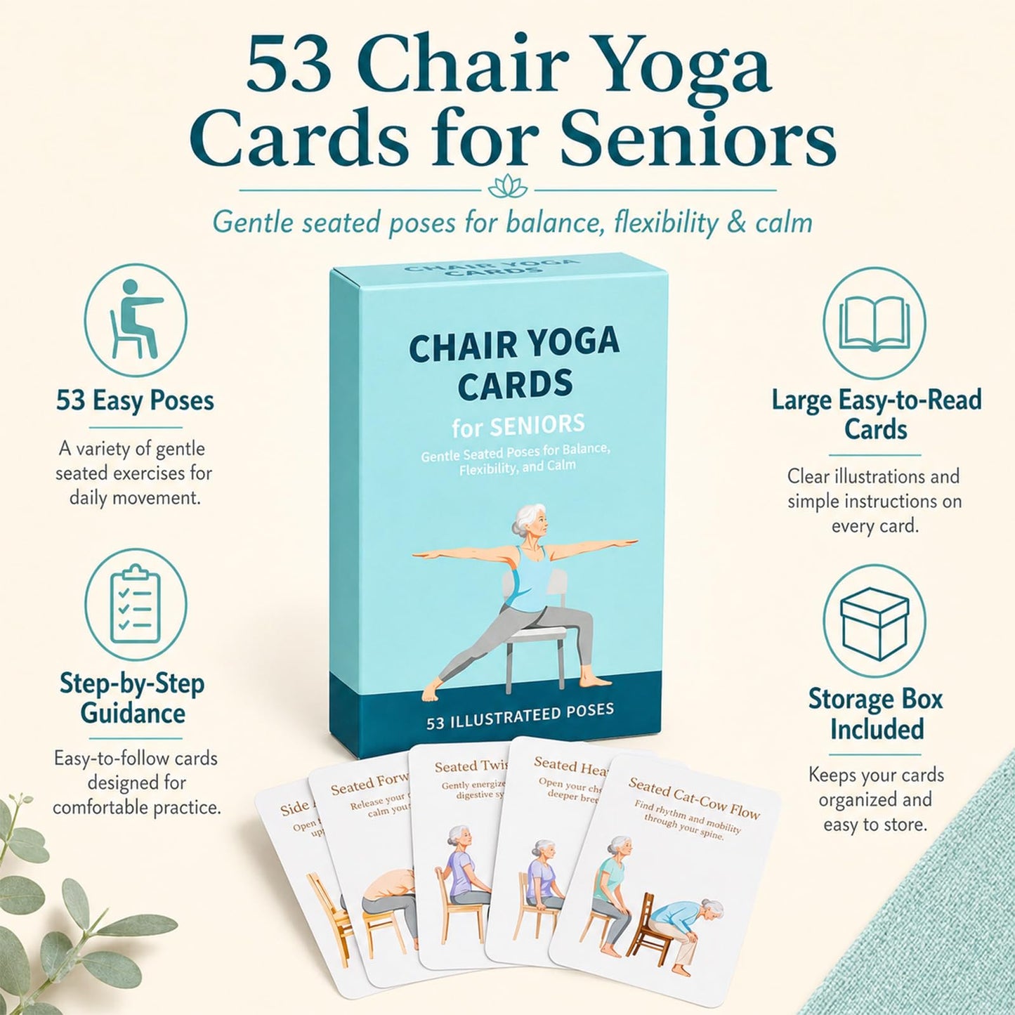 HuanRanYo Oversized Chair Yoga Cards for Seniors, 53 Seated Yoga & Stretch Poses, Large-Print Step-by-Step Exercise Deck with Storage Box, Low-Impact Mobility & Flexibility Workouts for Older Adults