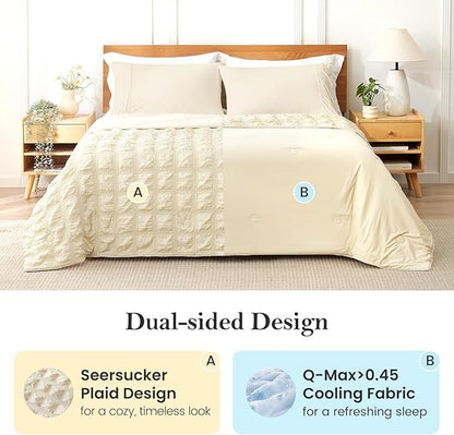 Cozy Bliss Cooling Comforter Seersucker Plaid King, Q-Max 0.4 Reversible Lightweight Cooling Blanket, Breathable Silk Smooth Summer Bedding Quilt for Hot Sleepers Night Sweats Khaki
