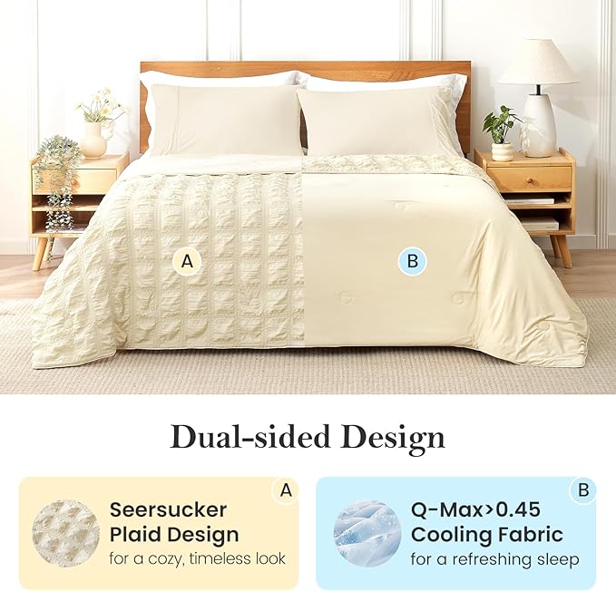 Cozy Bliss Cooling Comforter Seersucker Plaid Twin, Q-Max 0.4 Reversible Lightweight Cooling Blanket, Breathable Silk Smooth Summer Bedding Quilt for Hot Sleepers Night Sweats Khaki