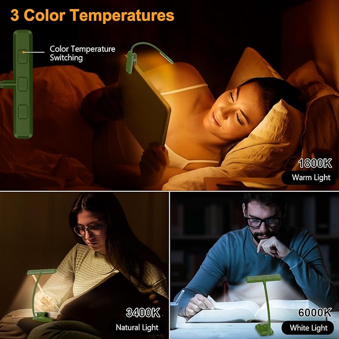 Gritin 19 LED Rechargeable Book Light for Reading in Bed with Memory Function- Eye Caring 3 Color Temperatures,Stepless Dimming Brightness,80 Hrs Runtime Clip on Light for Book Lovers-Dark Green