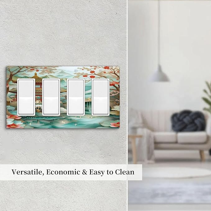 Asian Palace Traditional Bridge Cherry Blossoms Light Switch Cover 4 Gang Rocker Decora Outlet Covers Wall Plate Decorative Switchplate Electrical Faceplate GFCI for Farmhouse Decor