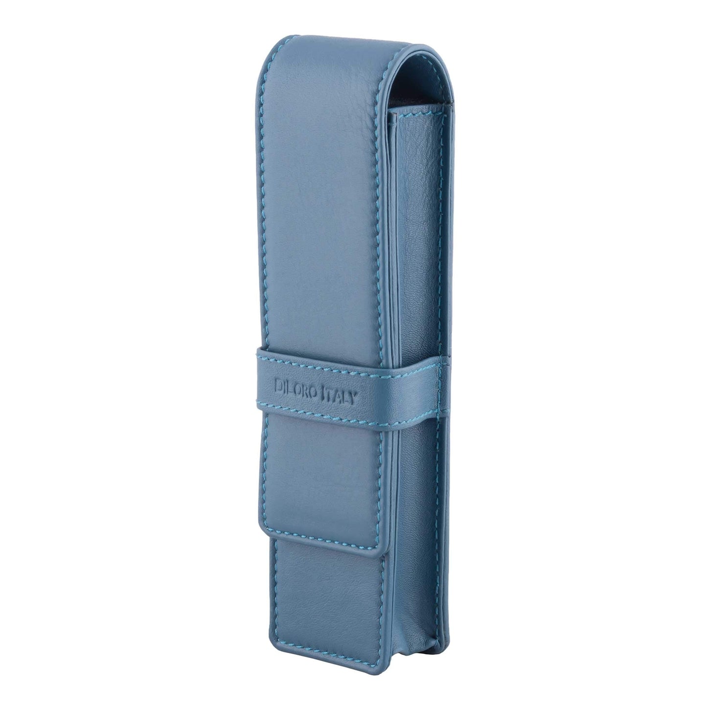 DiLoro Leather Pen Case Pouch Holder for Two Fountain Ballpoint Rollerball Pens or Pencils (Sololio Blue)