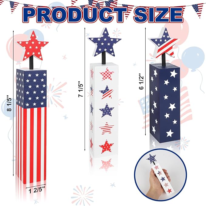 COCHIE 4th of July Decorations Set, Red White Blue Decor, Wooden Patriotic Memorial Day Tiered Tray Decor, Labor Day Decorations, Fourth of July Decoration for Home Office Table (Flag Cute)