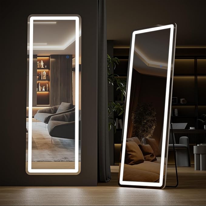 OLIXIS 16"x 60" LED Full Length Mirror with Lights, Standing Lighted Floor Full Body Mirror with 3 Color Lighting, Wall Mounted Mirrors for Bedroom, Home, Entryway with Tempered Glass