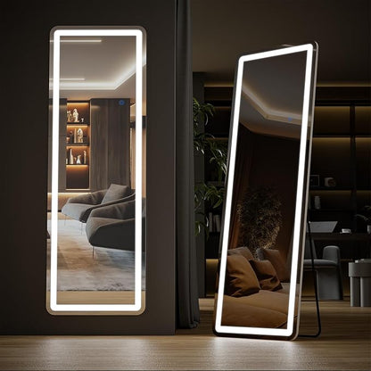 OLIXIS 16"x 60" LED Full Length Mirror with Lights, Standing Lighted Floor Full Body Mirror with 3 Color Lighting, Wall Mounted Mirrors for Bedroom, Home, Entryway with Tempered Glass
