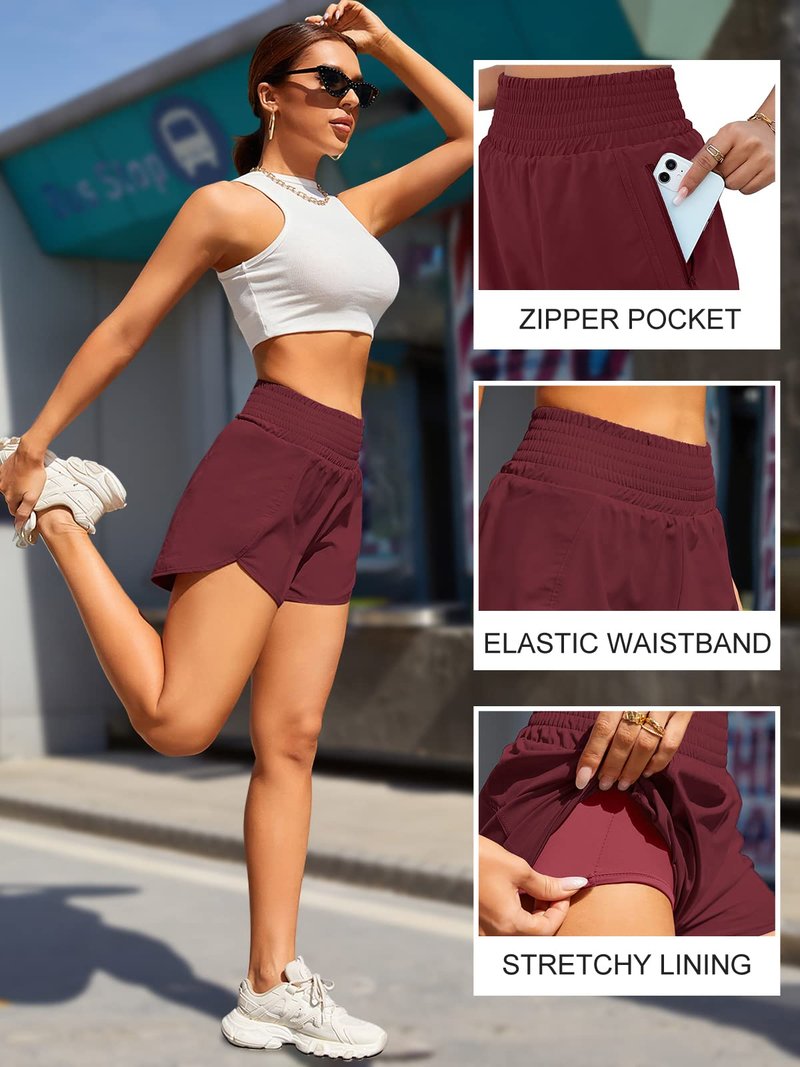 BMJL Women's Athletic Shorts High Waisted Running Short Pocket 2.5" Sporty Shorts Gym Elastic Workout Shorts(L,Wine Red)