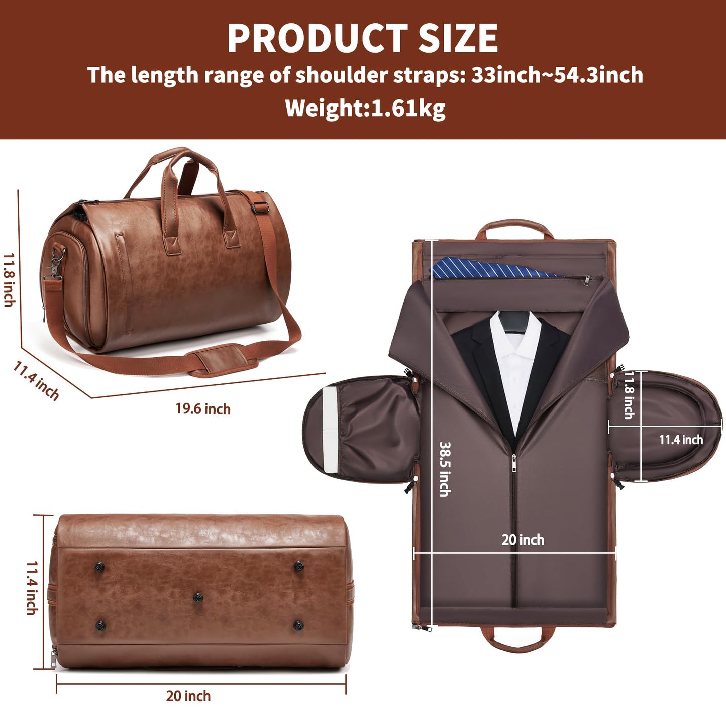 Leather Garment Bag，Convertible Garment Duffel Bag for Travel Mens Suit Bag 2 in 1 Waterproof Foldable Carry on Garment Bag with Shoulder Strap Weekender Bag with Shoe Pouch