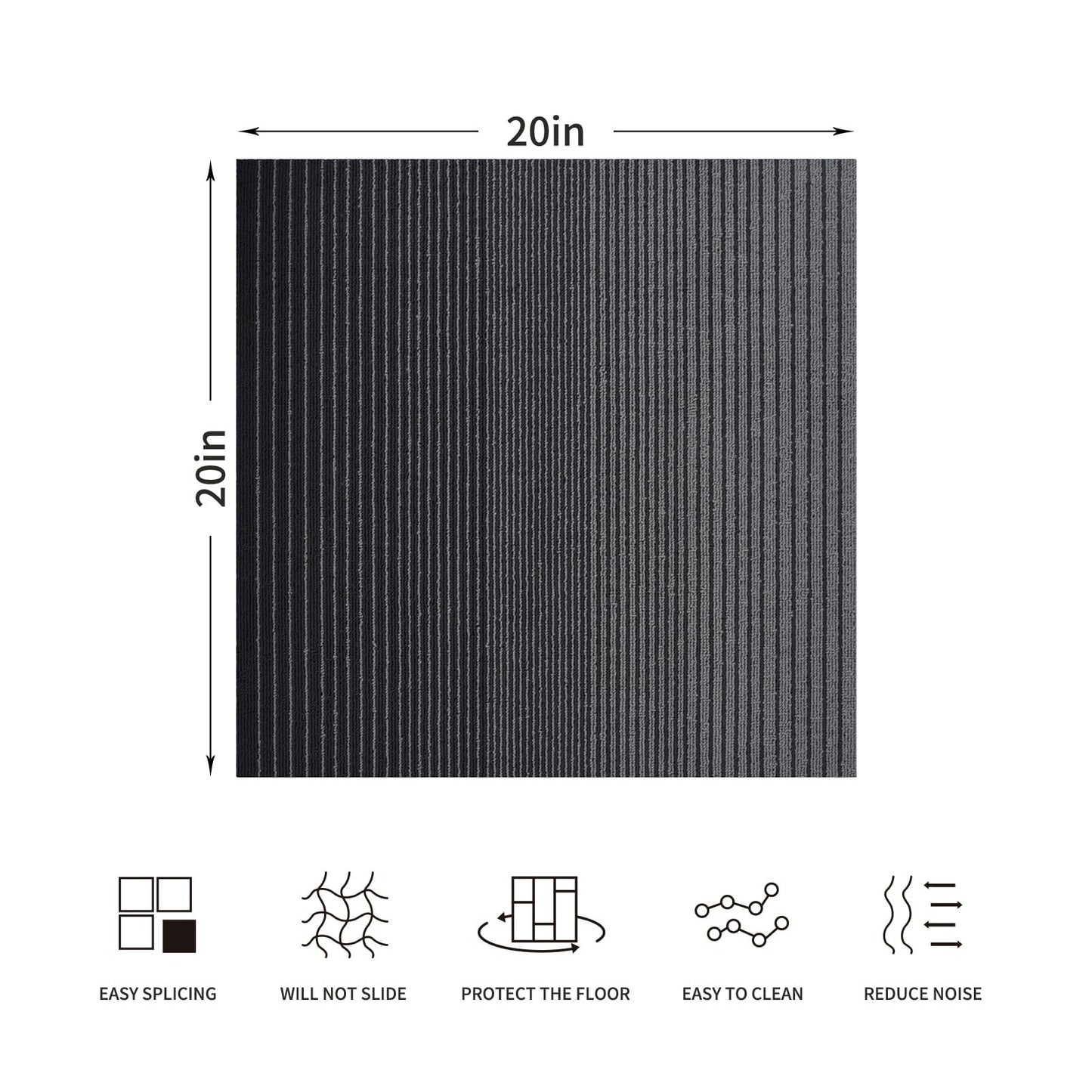 Rehert Carpet Tiles, Carpet Squares, Office Carpet Tiles Removable, Carpet Tile Flooring for Basement, 20" x 20" Berber (Loop Pile), Gradient Black, 0.24" Pile Height (12 Tiles, 32 sqft/Box)