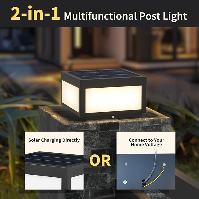 Outdoor Landscape Post Light, Modern 2-in-1 Solar and High Voltage Wired Waterproof Luxury Fence Deck Pillar Cap Patio Garden Decoration Lantern Column Lamp with 4 Different Lighting Color