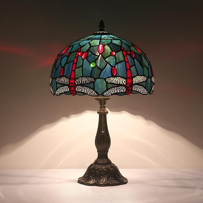 Tiffany Table Lamp Stained Glass Bedside Table Lamp Desk Reading Light 12 Inches Bedroom Living Room Home Office Decor Lamp（Red Dragonfly）