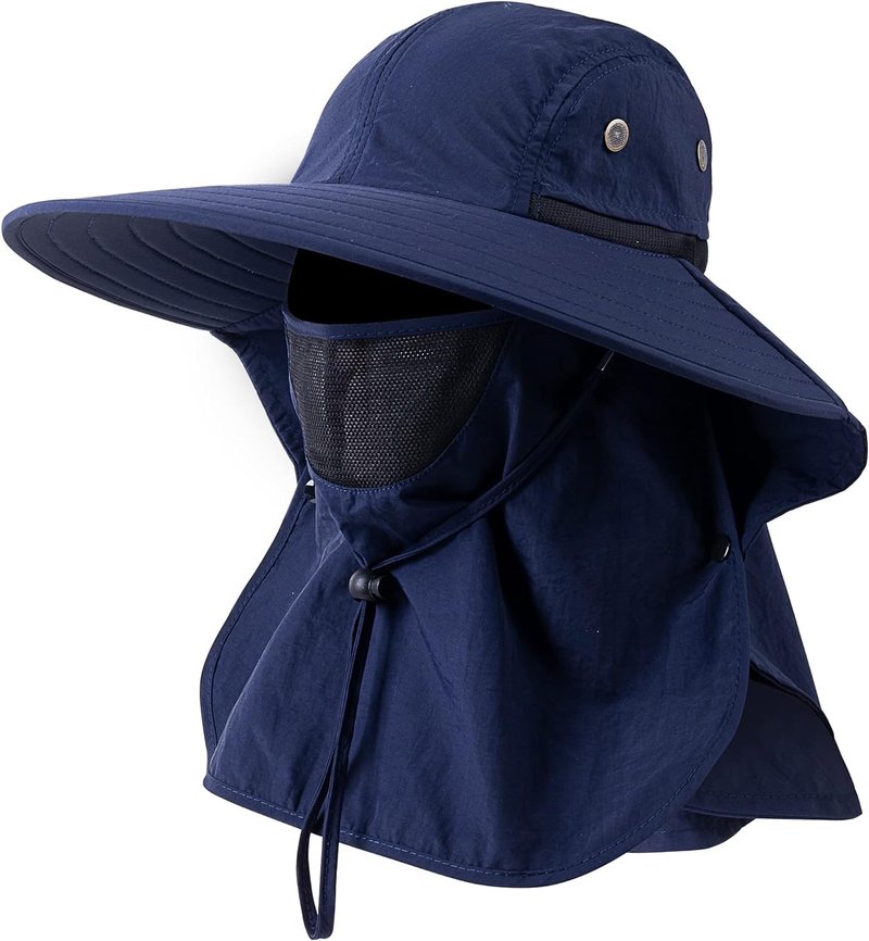 HEEHIPOO Mens Women Fishing Hat UPF 50+ Wide Brim Sun Hat with Face Cover & Neck Flap Navy