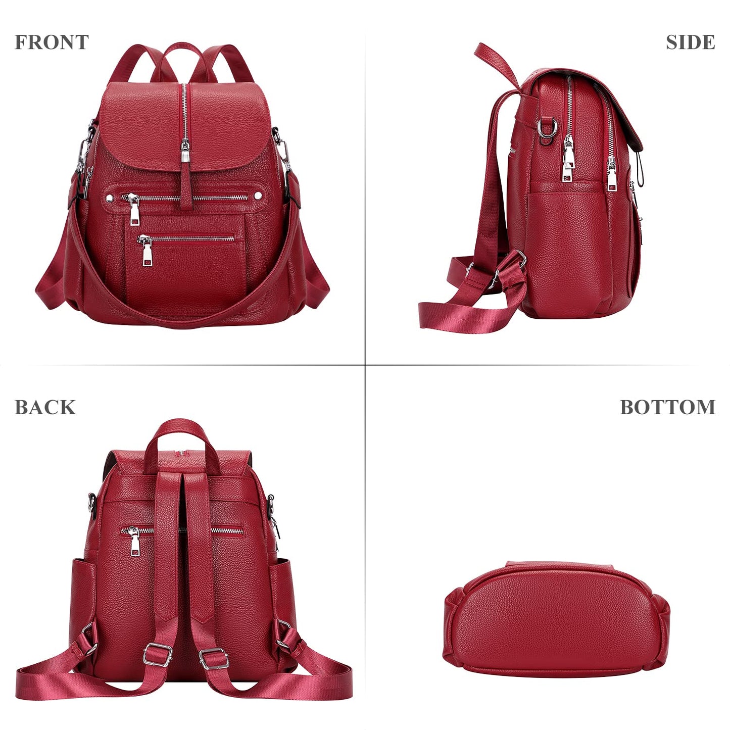 ALTOSY Leather Backpack Purse for Women Fashion Casual Handbag with Multi Pockets and Flap (S107 Wine Red)