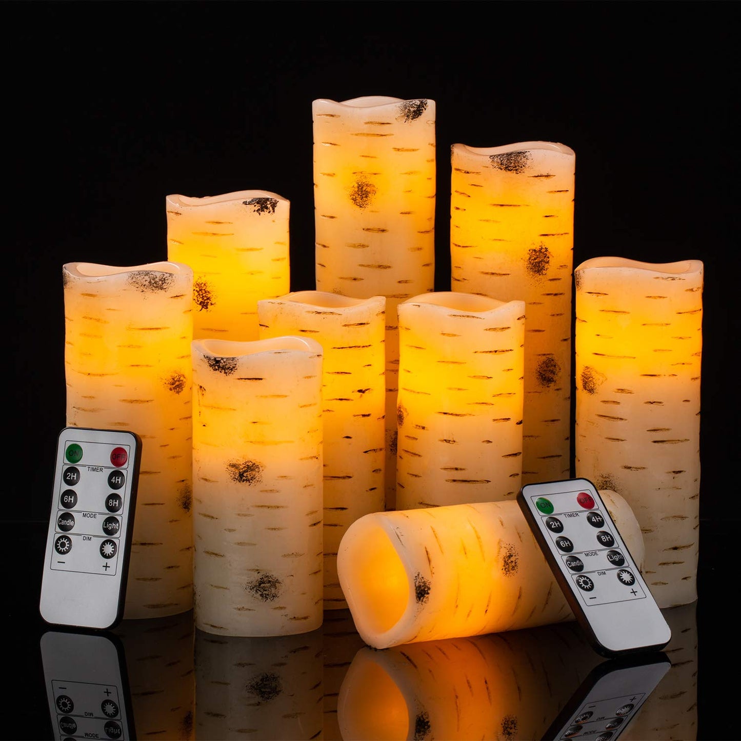 Enpornk Flameless Flickering LED Candles with Birch Bark Effect - Set of 9 Battery-Operated Real Wax Pillar with 10-Key Remote Control - 2/4/6/8 Hour Timer