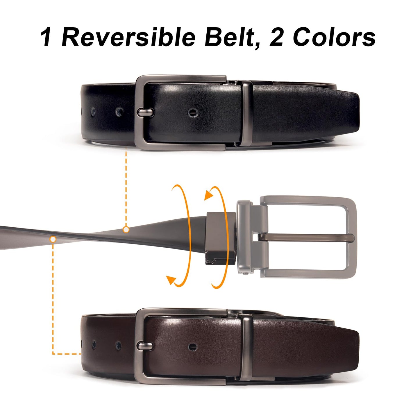 DENGFENGZHE Men's Belt Reversible Belt Men 1 Piece - 1 3/8" Leather Dress Belt - Trim to Fit for Elegant Style (Black/Brown (Burnished), 28"-30" Waist Adjustable)