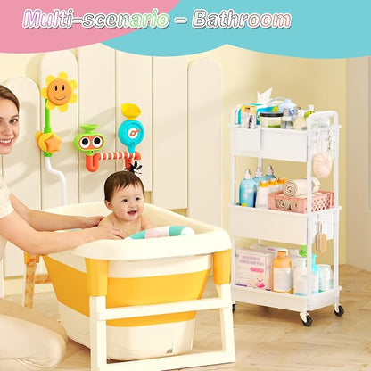 SUNALLY Baby Diaper Caddy Cart, 3 Tier Rolling Diaper Cart with Lockable Wheels for Nursery Essentials, Large Capacity & Easy Assemble Diaper Storage Organizer for Newborn,New Mom, White