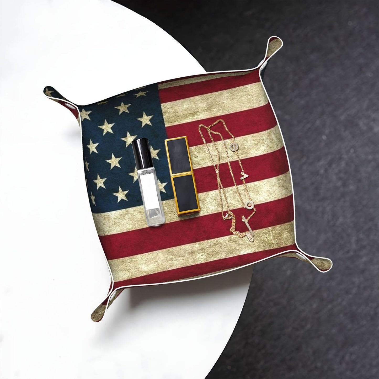 SGFJEWTQ Valet Tray Leather American Flag Patriotic USA Pattern Portable Catchall Tray Desktop Storage Organizer Bedside for Men Women Jewelry Keys Coin Candy Sundries Medium