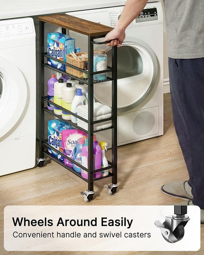 Pipishell Slim Storage Cart with Wheels - 4 Tier Rolling Kitchen Storage Cart with Handle and Wood Top, Metal Slim Bathroom Cart for Laundry Room, Bathroom, Kitchen, Narrow Space, Black & Rustic Brown