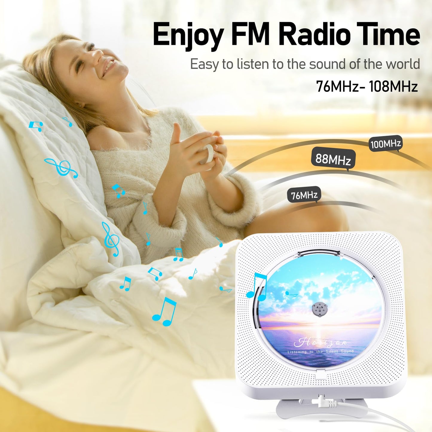 MICOCIOUS Bluetooth Portable Home CD Music Player with Remote Control, Timer, Built-in Speakers and LED Display - FM Radio Boombox (White)