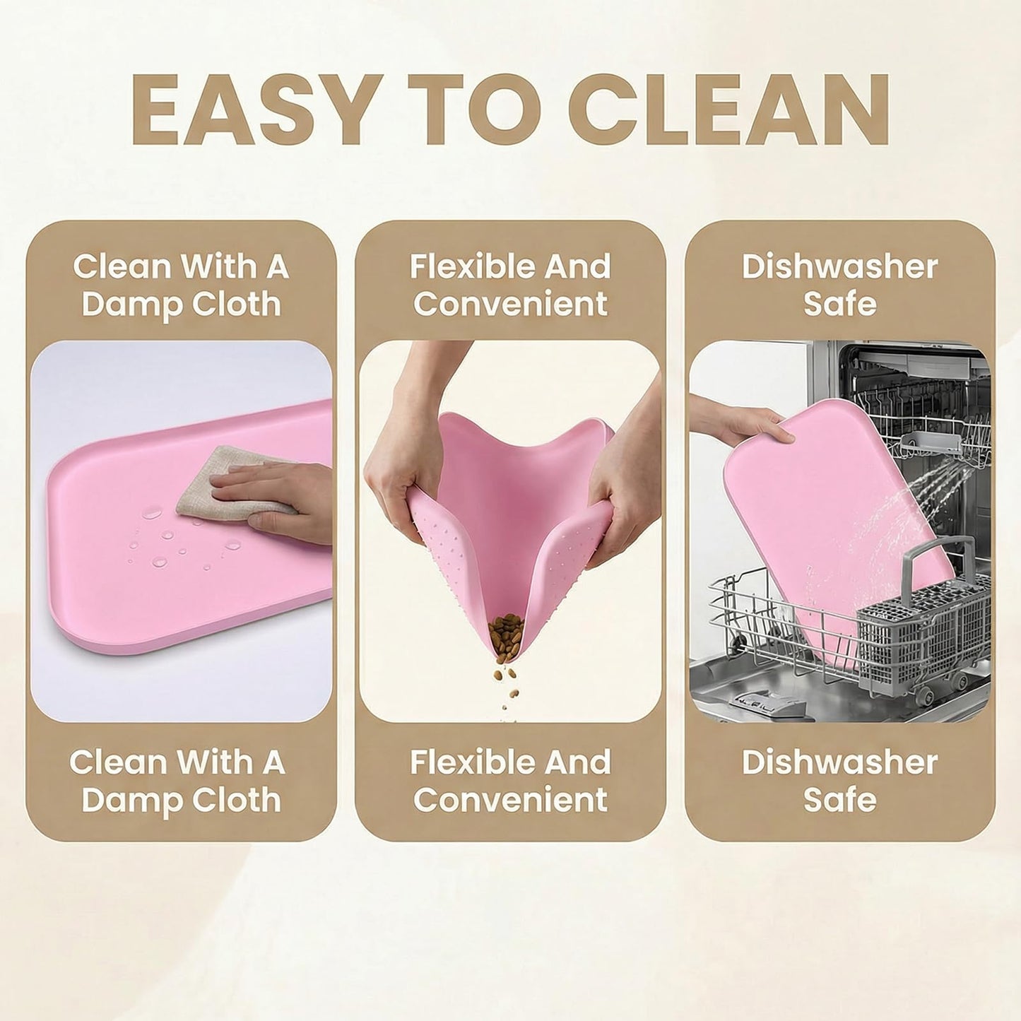 BLESWIN Waterproof Silicone Pet Feeding Mat Pink with Raised Edge,24" x 16"Non-Skid Spill Proof Dog Bowl Mats, Easy Clean Cat Bowls Placemat for Cats and Dogs