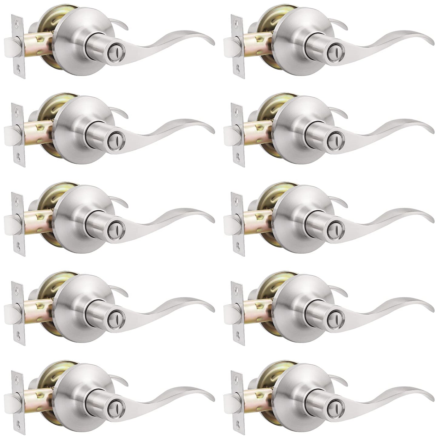 GOBEKOR 10 Pack Privacy Door Levers Bedroom Door Handle with Lock Satin Nickel Interior Door Handles Keyless Door Lock Wave Bed/Bath Lever
