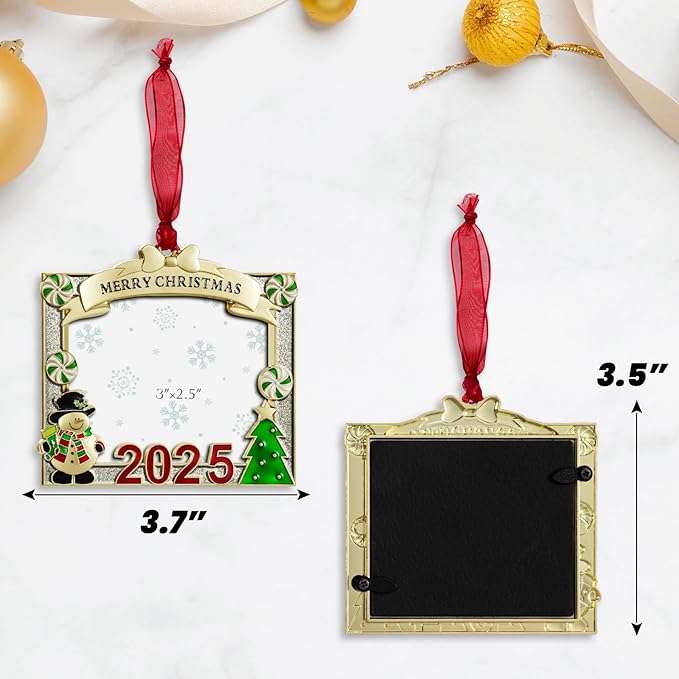 2025 Christmas Tree Ornament Picture Frame Ornament - Made of Zinc Alloy Glitter Powder Pendant 3x2.5 Inch Picture Frame for Pet and Baby Holiday Keepsake Gift (Snowman,Golden)