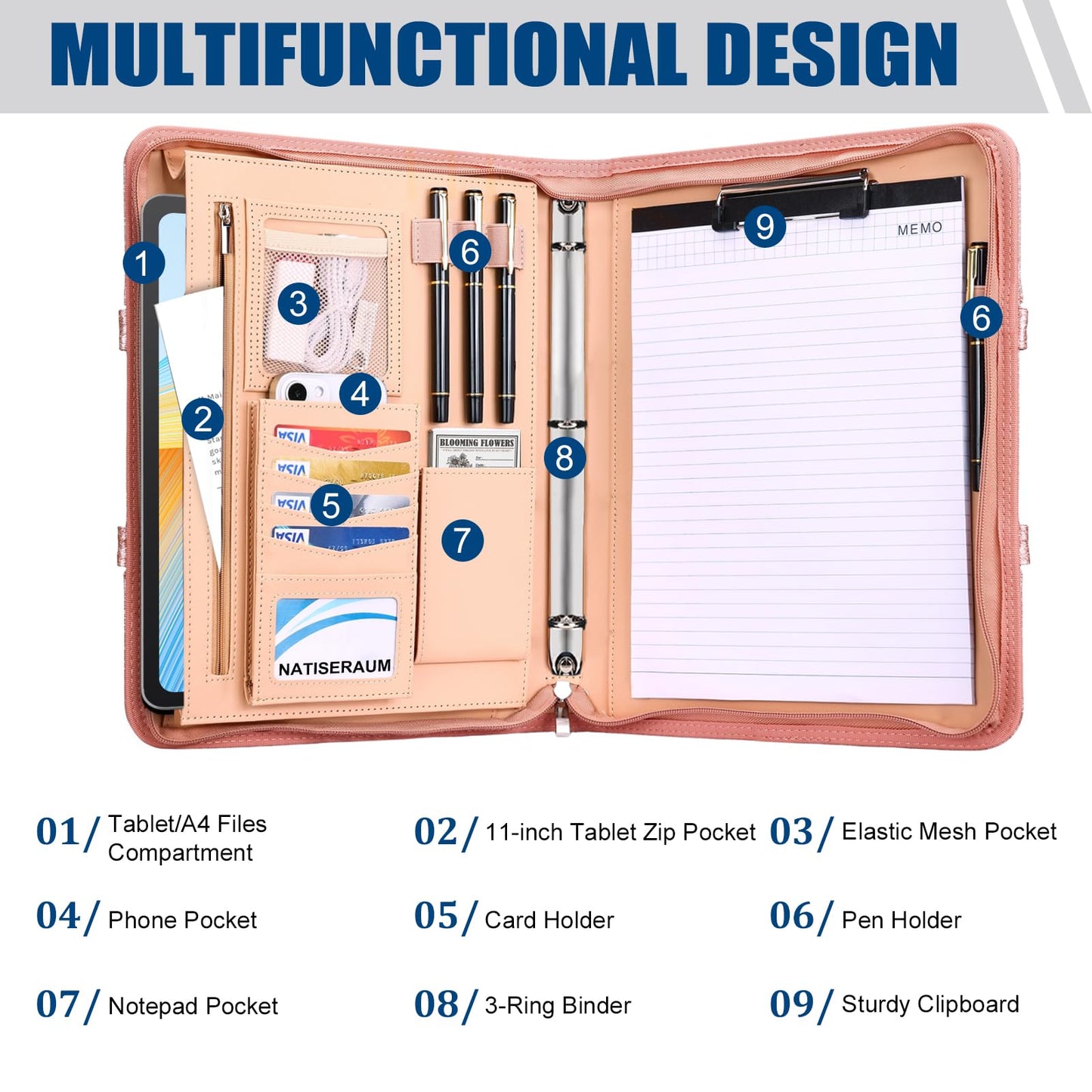 NATISERAUM Padfolio Portfolio Binder with Handle, 3-Ring Folder Organizer, Vegan Leather Portfolio with Notepad Includes 5 Dividers with 10 Pockets for Documents Filesfor Documents Files and 1 Pen