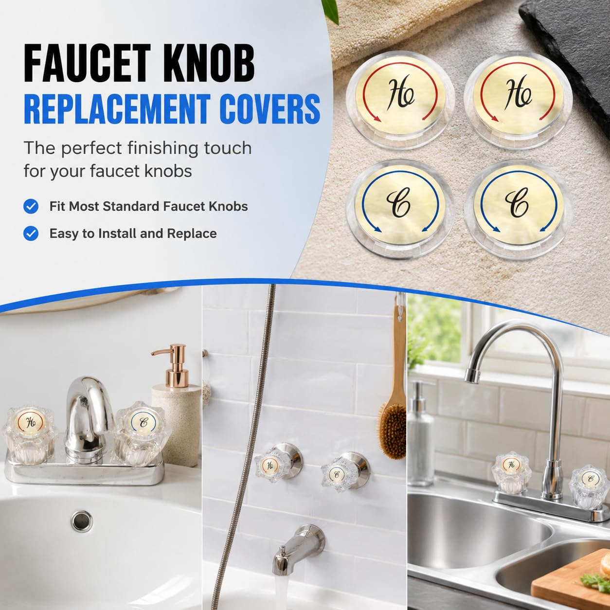 Universal Hot and Cold Faucet Index Buttons, 1.14 inch Inner Diameter Faucet Index Bathroom Sink Handle Buttons, Clear Acrylic with Gold for Delta/LDR/Delex/Peerless Two Clear Handles (4 pack)