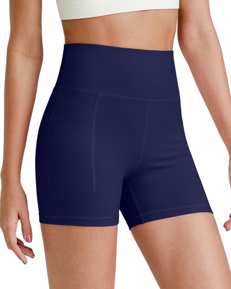 G4Free Womens BareFeel Biker Shorts 4/6 Inches High Waisted Workout Running Volleyball Spandex Yoga Shorts(Dark Navy,4",M)