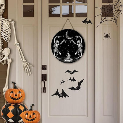 Skull Halloween Front Door Sign Dancing Skeleton Door Hanger Sacry Moon Night Holiday Decor for Porch Halloween Home Party Accessories