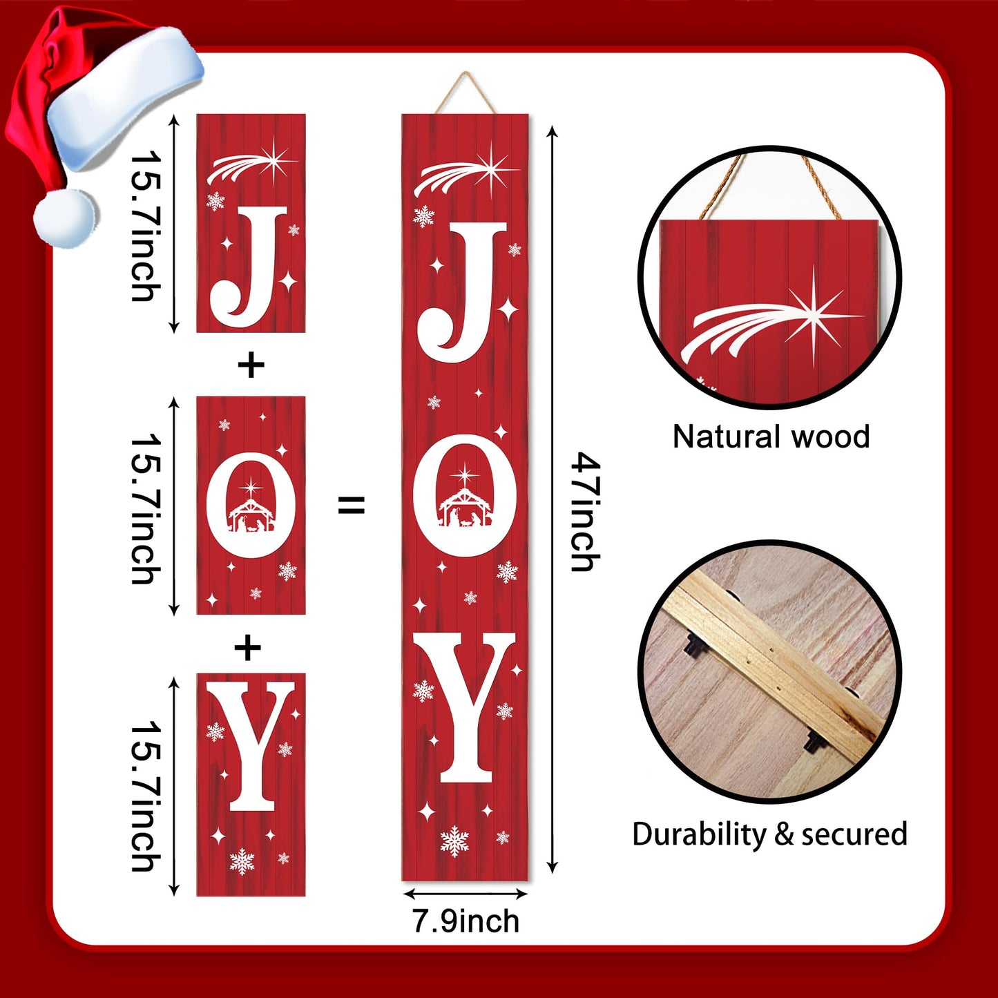 Christmas Porch Sign JOY 47" Winter Large Welcome Porch Sign Xmas Decor for Home Front Door Farm Yard Party Decor (Red)