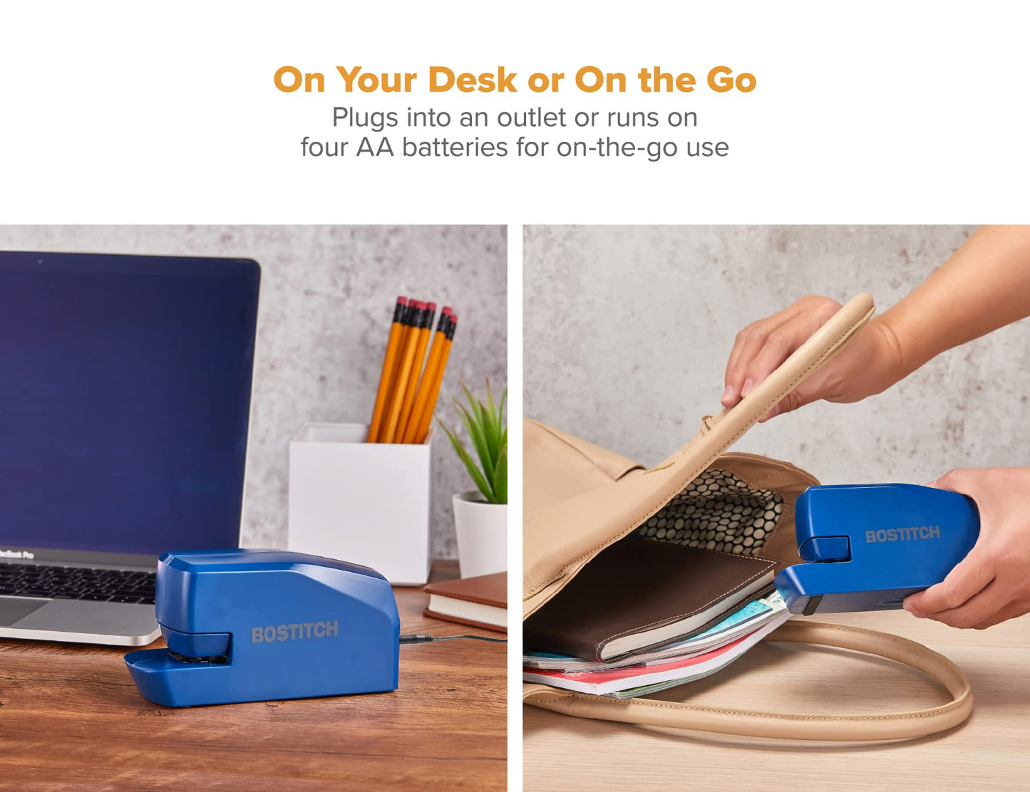 Bostitch Office Portable Electric Stapler, 20 Sheets, AC or Battery Powered, Includes 1250 Staples, Blue