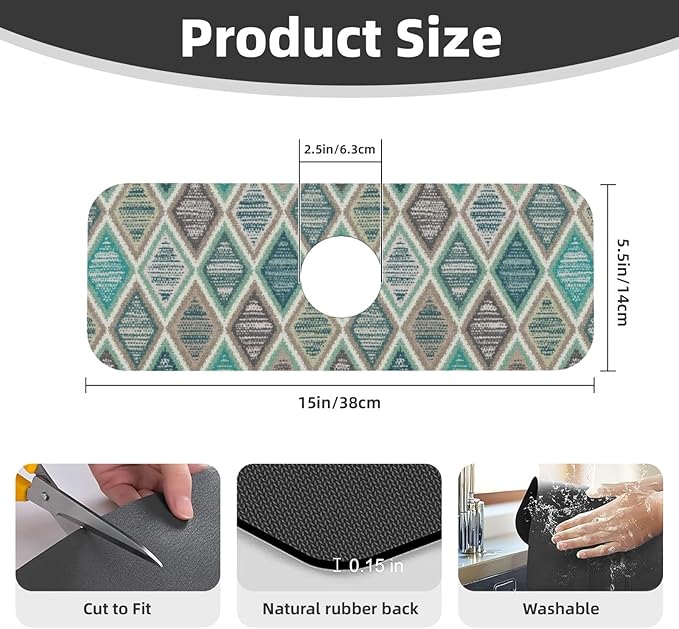 Teal And Brown Boho Style Kitchen Sink Splash Guard Faucet Mat Super Absorbent