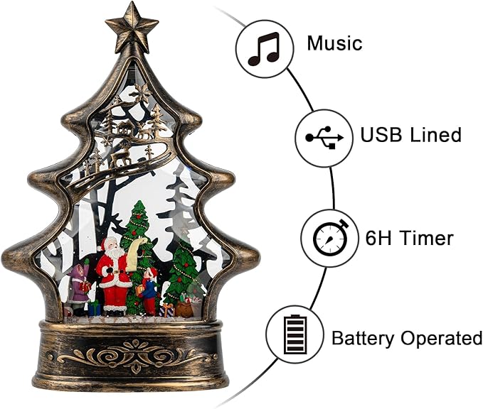 Christmas Snow Globe Lantern Water Glittering Santa's List with Music& Timer, USB Lined/Battery Operated Lighted Lantern for Christmas Festival Decoration Gifts （Santa）