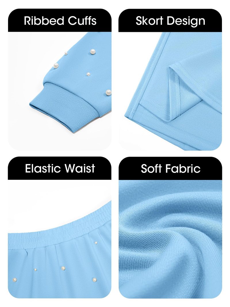 Fisoew Womens Casual 2 Piece Outfits Long Sleeve Pearl Sweatshirt and High Waisted Skort Shorts Fall Sets