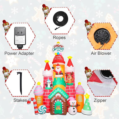 9.6 FT Christmas Inflatable Decorations, Inflatable Candy Castle with Santa, Snowman and Reindeer Blow Up Castle Yard Decorations Built-in LED Lights for Xmas Garden Lawn Patio Decor
