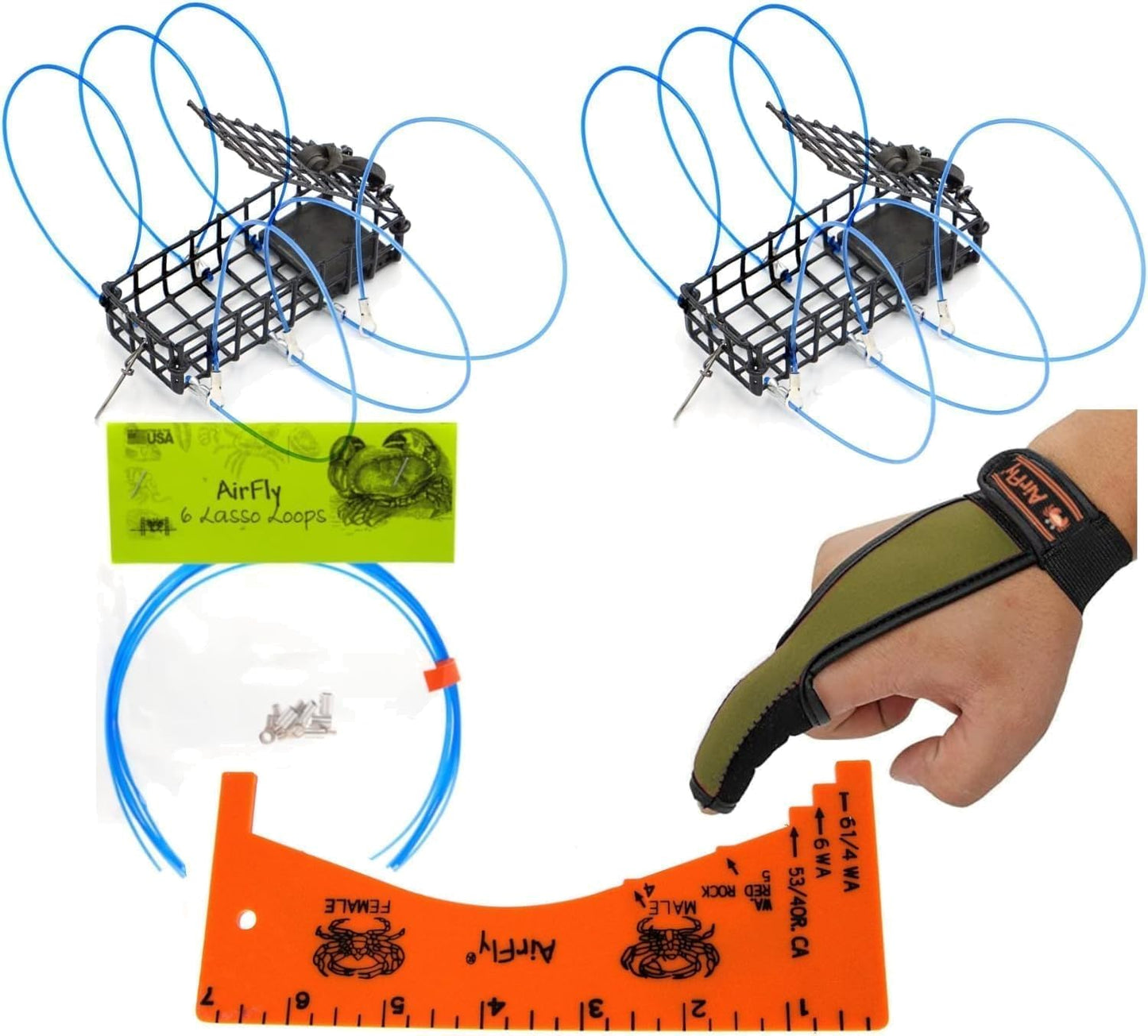 AirFly Castable Crab Trap for Pier, Jetty & Surf - 6-Loop Fishing Pole Crab Trap | Dungeness, Blue & Rock Crabs | Lead-Free | CA, OR, WA, MD & FL, Made in USA (2 Traps + Gauge Kit)