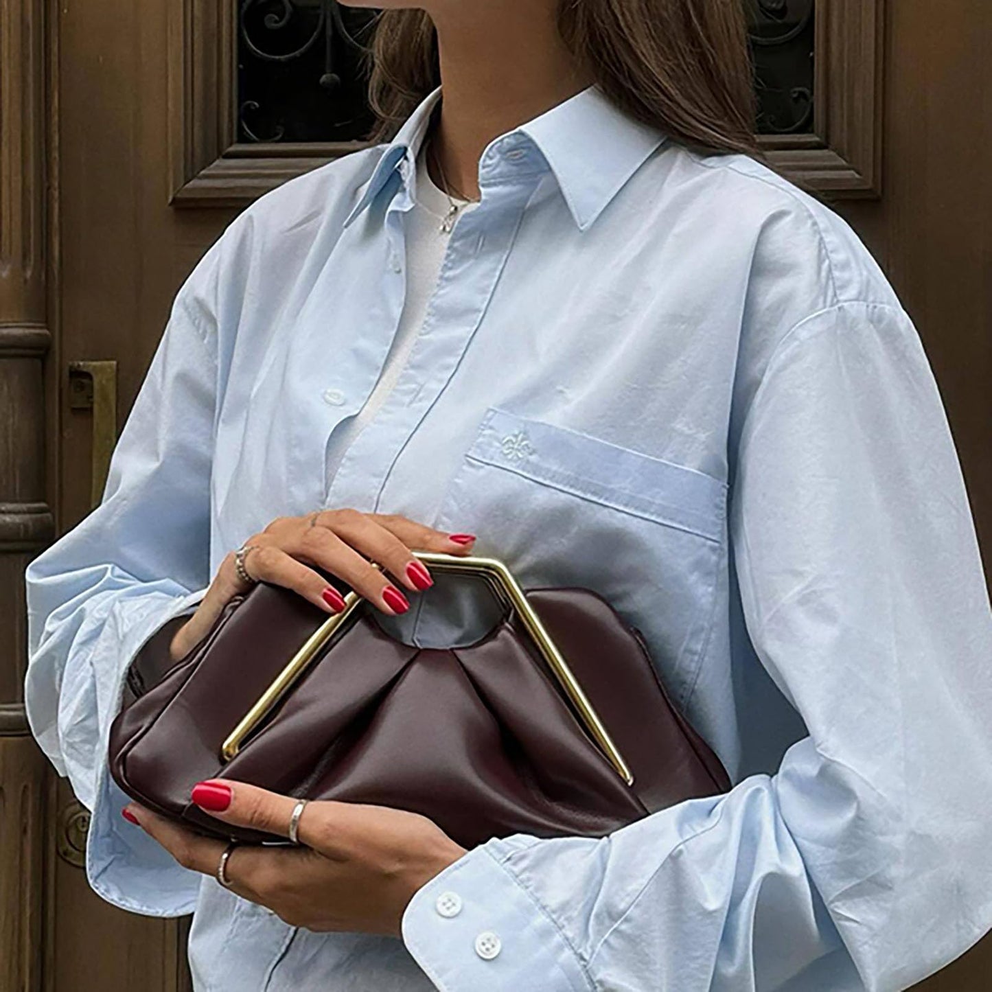 Women's Pleated Metal Frame Clutch Elegant Cloud-Shaped Leather Handbag Fashion Mini Evening Purses With Magnetic Snap (Claret)