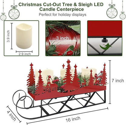 Christmas Sleigh Centerpiece Table Decorations with Flickering Led Candle Lights Xmas Sleigh Silhouette Candelabrum for Dinning Room, Table, Fireplace, Mantel Holiday Decoration