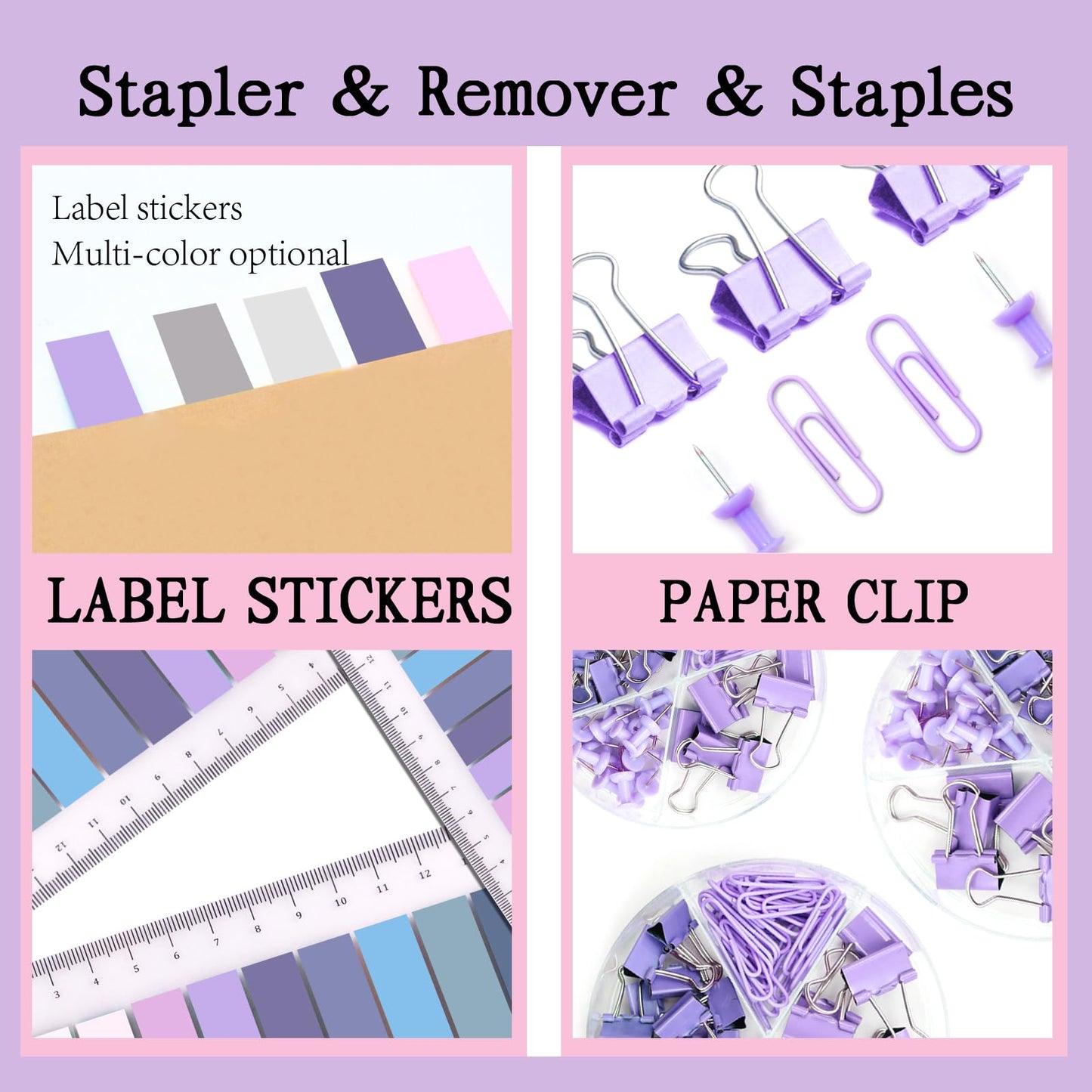 Purple Office Supplies Set, UPIHO Stapler and Tape Dispenser Set, Office Desk Accessories Kit with Stapler, Tape, Remover, Staples, Clips, Scissor and Tabs for Women, Clerks…