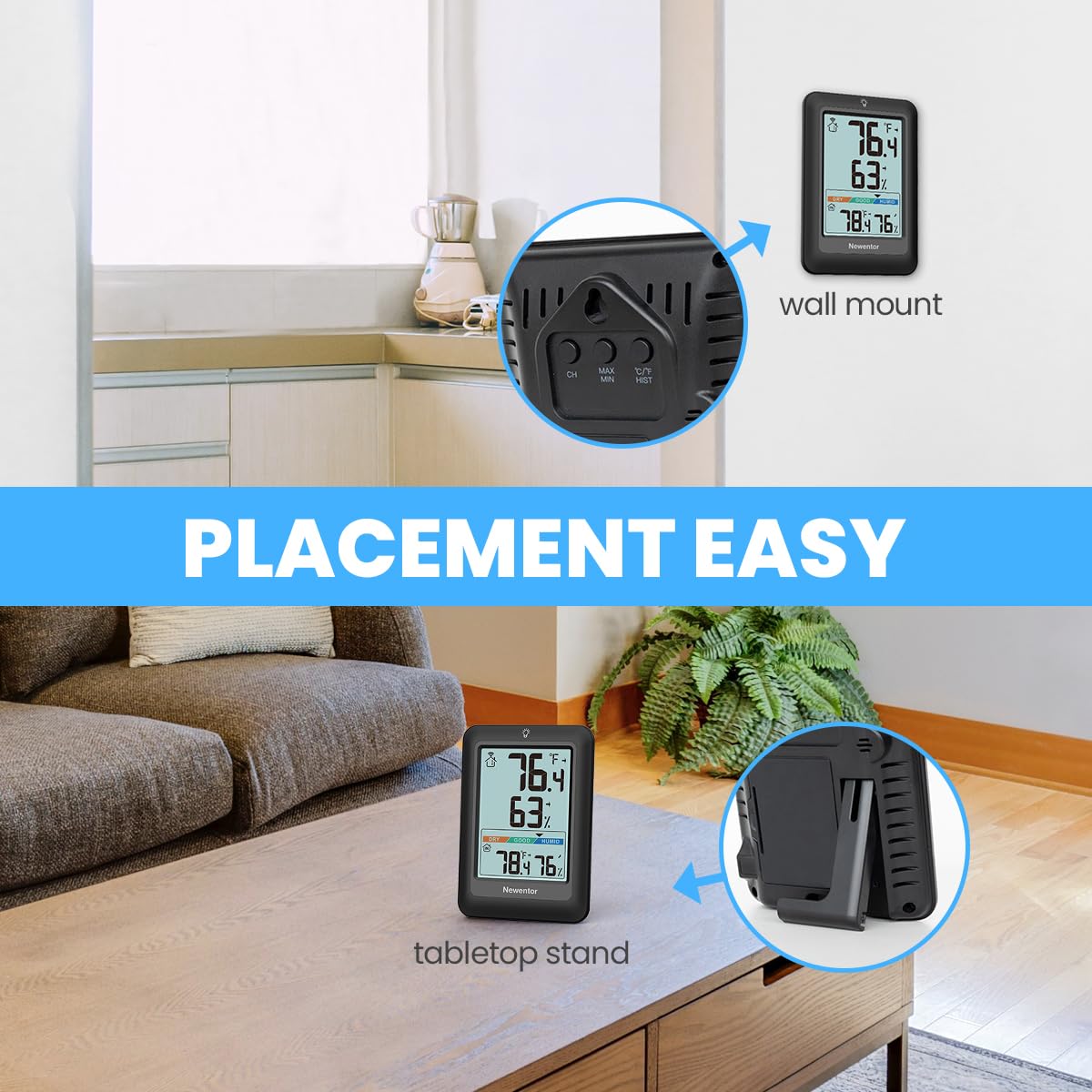 Newentor Indoor Outdoor Thermometer Wireless, Weather Stations Wireless Indoor Outdoor, Outdoor Thermometers for Patio House, Black with 1 Sensor