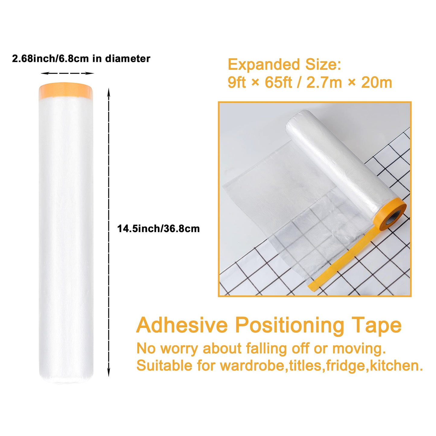 Muf 9 x 65 Feet Plastic Drop Cloth Plastic Sheeting with Masking Tape,Waterproof Protective Masking Film,Prevent Dust Paint for Car,Furniture,Carpet,Floor,1 Pack