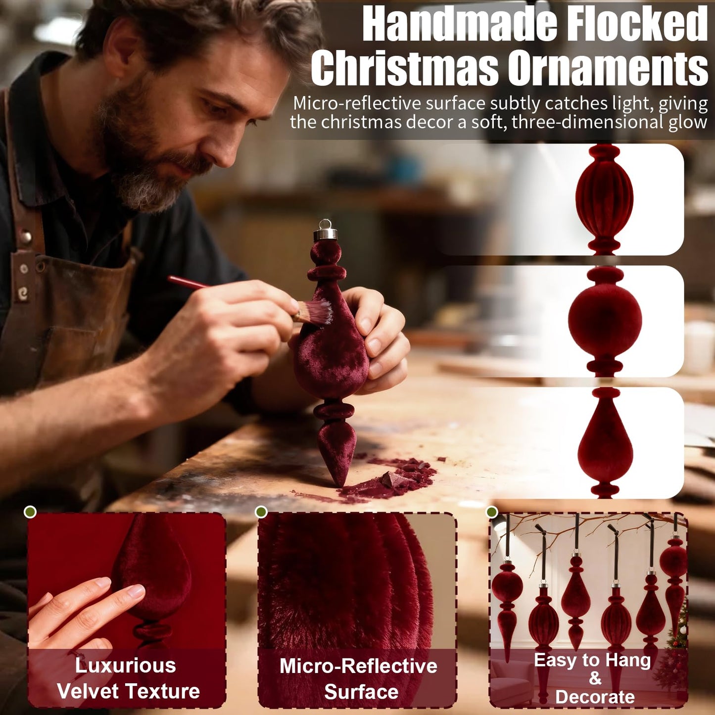 6 Pcs Wine Red Velvet Finial Christmas Tree Ornaments - Christmas Burgundy Velvet Pendants Shatterproof Flocked Hanging Ornaments Decorations for Xmas Tree Winter Holiday Wedding Party Decor