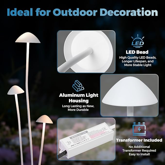 Gardencoin Outdoor Garden Decorative Lights, LED Landscape Lighting Decor IP65 Waterproof, Mushroom Light Wired with Transformer for Backyard, Patio, Lawn, Pathway Decoration, Set of 3
