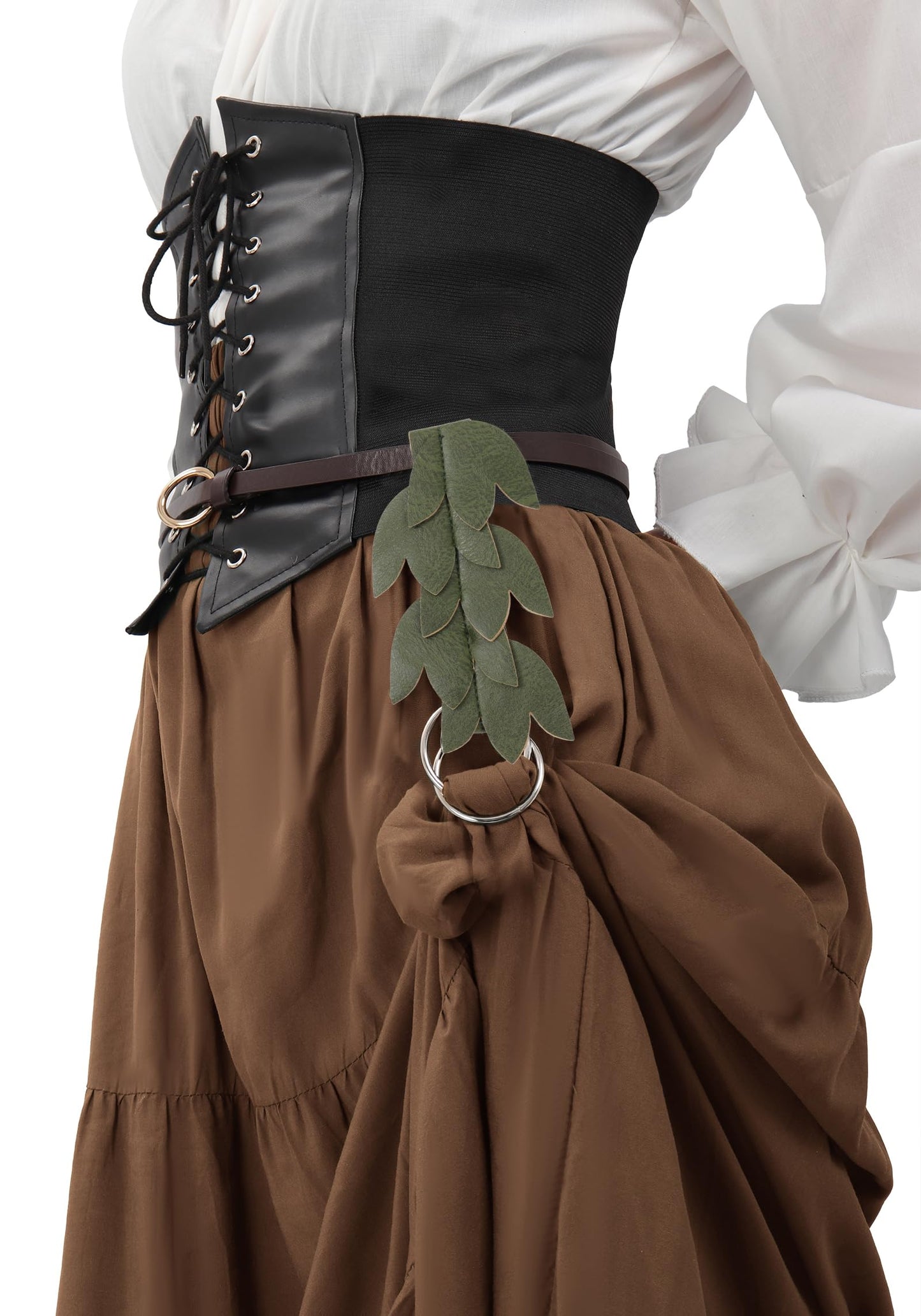 FURPHI Renaissance Skirt Hikes Faux Leather Leaf Medieval Ren Faire Cosplay Dress Waistband Accessories 2PCS Green