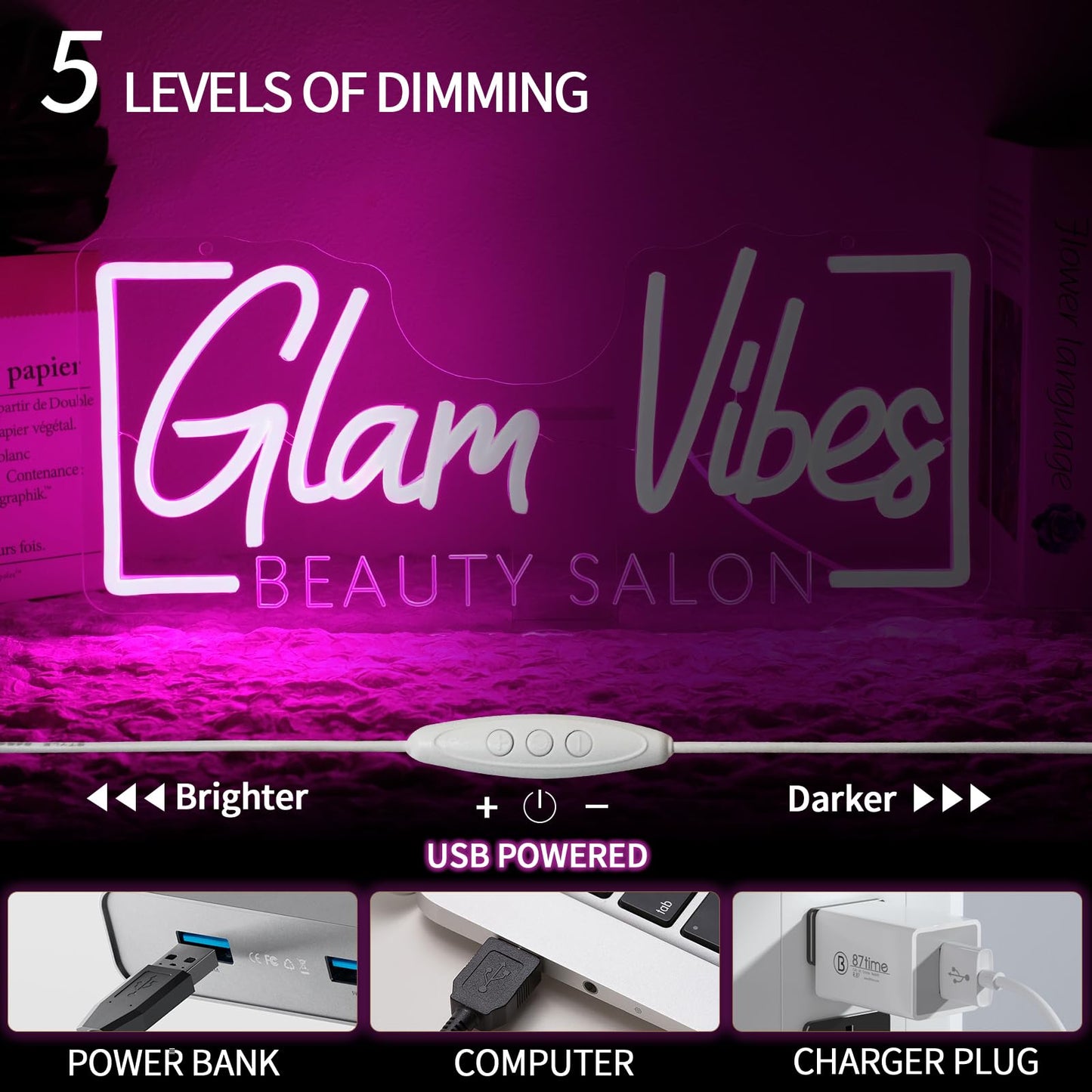 Runalosa Glam Vibes Beauty Salon Neon Sign for Business Dimmable Pink Girl Neon Light Sign Letters Led Signs for Wall Decor Spa Makeup Room Shop Plaque Lash Nail Studio Decoration 16.5" x 7.5"